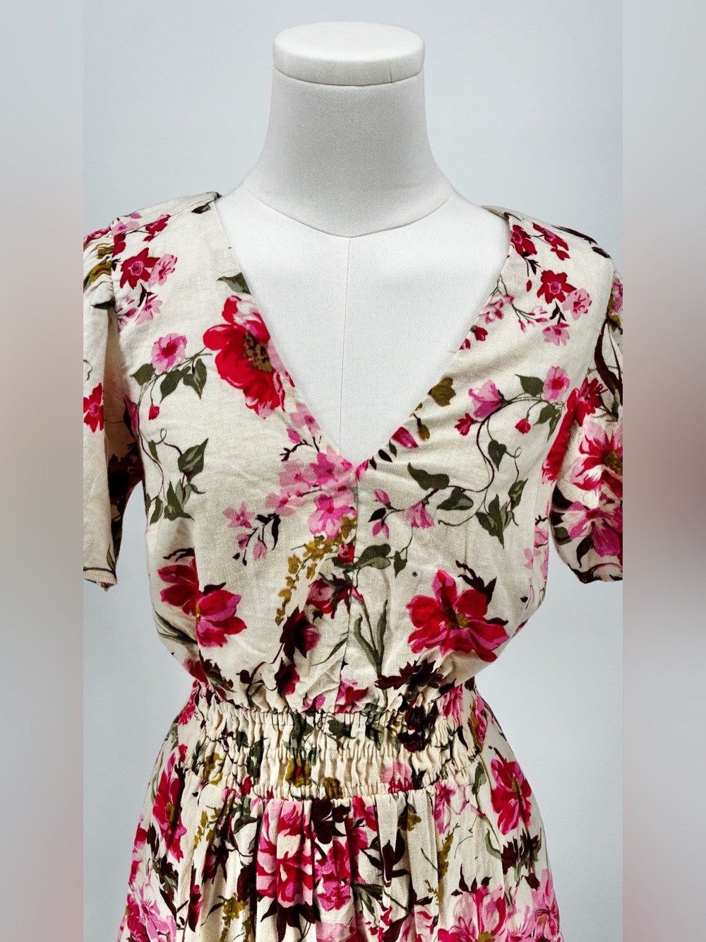 Abercrombie Floral Smocked Waist Linen Blend Flutter Sleeve Tiered Mini Dress SP - Picture 3 of 13